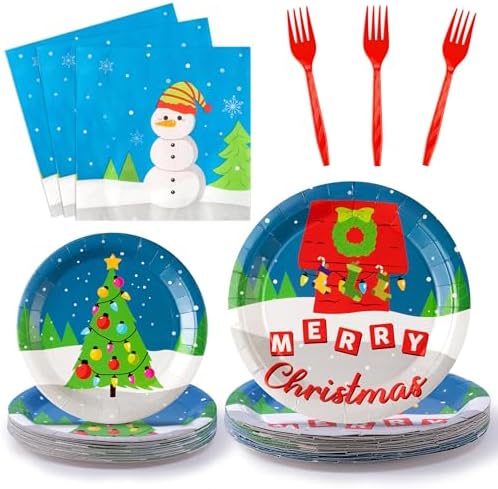 GaofanWai 96PCS Christmas Cartoon Red Dog House Tableware, Merry Christmas Paper Plate Set for Kid, Winter Snowy Pine Tree Disposable Dinnerware Paper Napkin Fork for Baby Shower Party Decor,24 Guests by GaofanWai