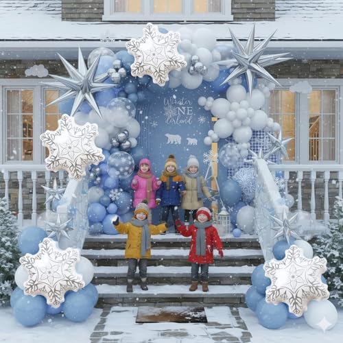 Winter Wonderland Balloon Arch Garland Kit, 138Pcs Dusty Pastel Baby Blue White Silver Snow Balloon with Snowflake Exploding Star Foil Balloons for Princess Winter Onderland Ice Snow Party Decorations - Image 4