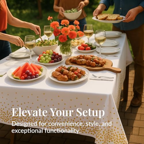 Prestee 12-Pack White and Gold Tablecloth - 54x108 Inch - Disposable Table Covers for Party, Weddings, and Holidays - Waterproof Christmas Tablecloth, Stain-Resistant Plastic Table Cover Set - Image 6