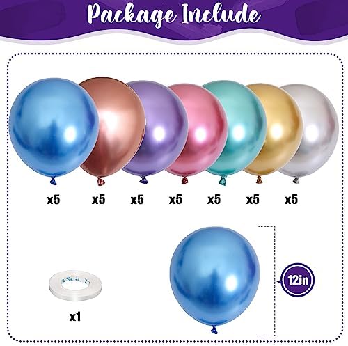Metallic Balloons, 12 Inch Rainbow Chrome Balloons, 35Pcs Assorted Colors Multicolor Metallic Purple Red Green Blue Silver Rose Gold Latex Balloons for Kids Birthday Wedding Carnival Party Decorations - Image 2