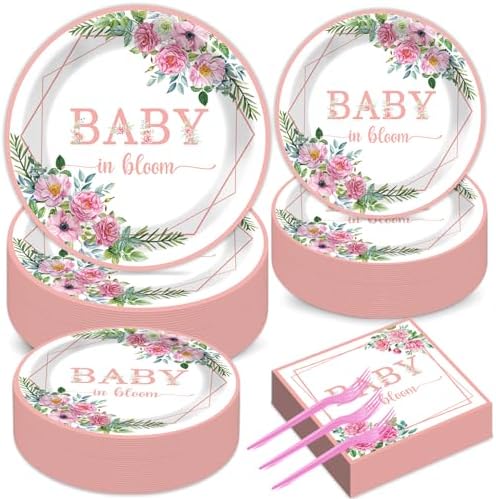 gisgfim 50 Guests Baby in Bloom Party Supplies Baby In Bloom Floral Plates and Napkins Plastic Forks Girl Floral Tableware Pink Flower Paper Plates for Birthday Party 200PCS by gisgfim