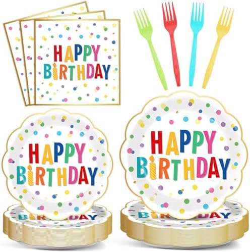 96PCS Polka Dot Plates Tableware Set Supplies Happy Birthday Cake Dessert Scalloped Paper Plates Napkins Tableware Set Polka Dot Theme Colorful Birthday Plate Dinnerware Decoration for 24 Guests by Justforjoyful