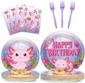 100 Pcs Axolotl Birthday Party Supplies Pink Axolotl Disposable Paper Plates Forks Tableware Sets Cute Cartoon Reptile Animals Happy Birthday Decorations for Kids Girls Baby Shower Serve 25 Guests by Qyeahkj