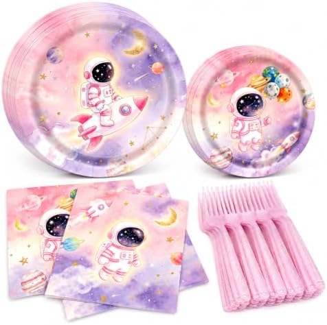 Outer Space Birthday Party Supplies for Girls, 96 Pcs Astronaut Disposable Tableware Set with 9 Inch and 7 Inch Paper Plates, Napkins and Forks, Pink Galaxy Decorations for 24 Guests Baby Shower by Unknown