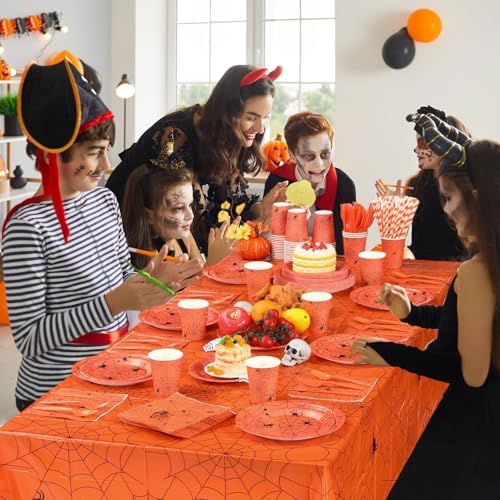 Funnymoom 452 Pcs Halloween Spiderweb Supplies Tableware for 50 Guests, Orange Spider Web Paper Plates Napkins Cups Tablecloth Cutlery Straws for Spiderweb Halloween Birthday Party Decoration - Image 4