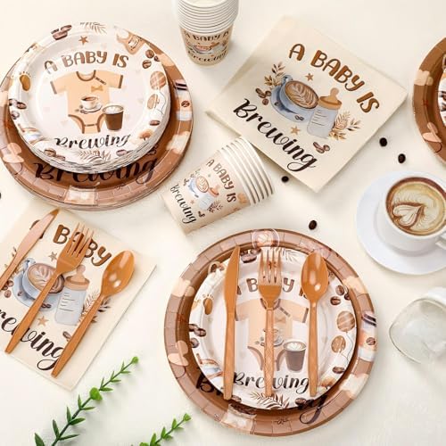 Yungyan 252 Pcs A Baby Is Brewing Baby Shower Party Tableware Set Included Plates Napkins Cups Forks Knives Cutlery for Party Decorations Supplies 36 Guests - Image 3