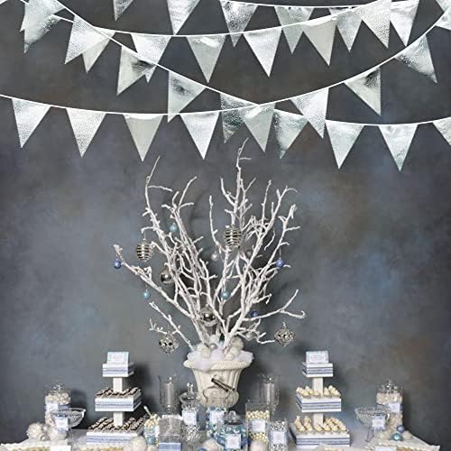 Silver Party Decorations Metallic Fabric Triangle Pennant Banner Silver Flag Bunting Garland for Graduation Birthday Wedding Bridal Shower Anniversary Engagement Bachelorette Party Decoration Supplies - Image 5