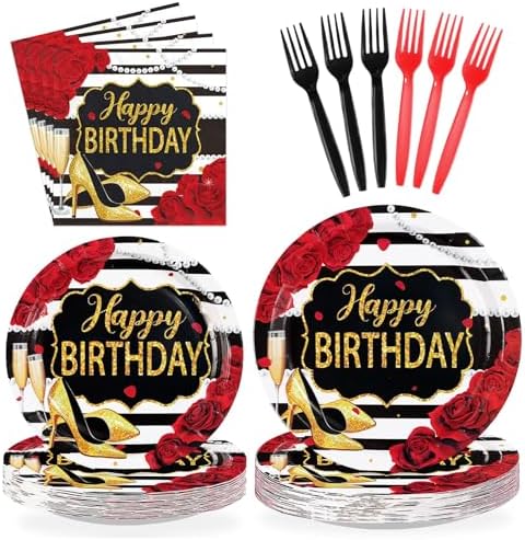 96Pcs Red Glitter Roses Birthday Party Decorations, Serves 24 by Greencian