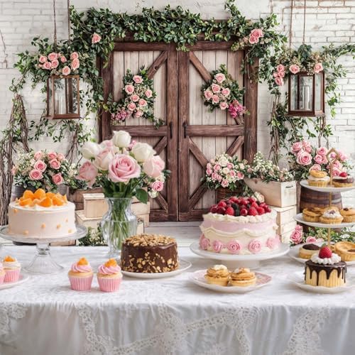 6x4ft Country Wedding Photography Backdrop Floral Rustic Roses Farmhouse Wooden Door Backdrop Pink Flower Birthday Baby Shower Wedding Bridal Party Banner Photo Booth Props Anniversary Background - Image 5