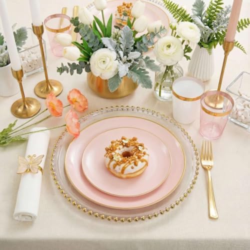 Rubtlamp 210Pcs Plastic Pink Plates with Gold Plastic Silverware Set Include 30Pink Dinner & 30 Dessert Plates, 90Gold Cutlery, 30Gold Cups, 30Napkins, Pink Dinnerware for Valentines&Mother's Day - Image 6
