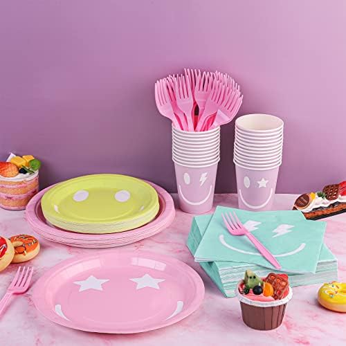 durony 144 Pieces Preppy Smile Face Party Tableware Set Party Decorations Include Smile Face Paper Plates Napkins Cups and Forks for Preppy Birthday Party Baby Shower Decor, Serve 24 Guest - Image 4