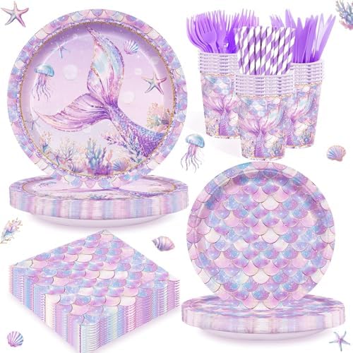168PCS Mermaid Party Supplies Serves 24 Mermaid Themed Tableware Set Plates Cups Napkins Cutlery Straws Under The Sea Birthday Decorations for Girls by Unknown