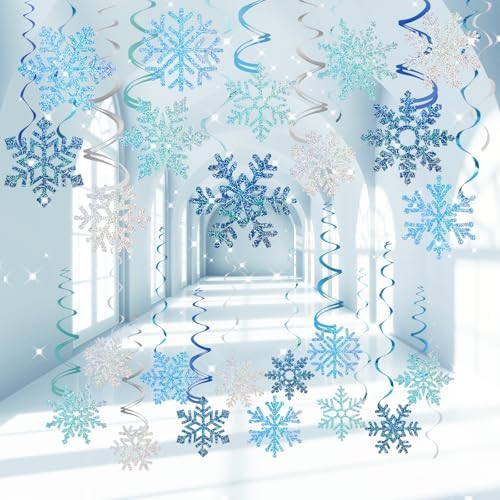Winter Snowflake Hanging Decorations 30 Pcs Blue and Silver Christmas Ceiling Streamers Hanging Decorations Glittery Snowflakes Swirls for Wonderland Frozen Party and Christmas Decor by KUKKUME