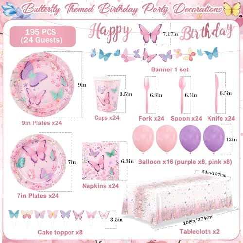 195pcs Butterfly Birthday Party Decoration, Butterfly Themed Party Supplies - Image 2