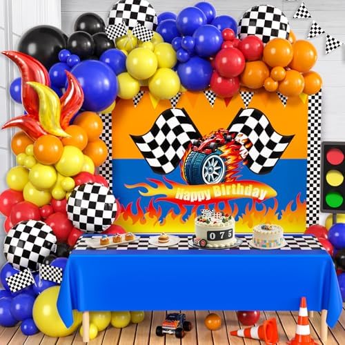 131 Wheels Race Car Birthday Party Decorations Supplies, Racing Red Blue Yellow Black Balloons Garland Arch Kit Backdrop Tablecloth Checkered Foil Balloons, Boy Kid Girl Cars Party Decor by KELENO