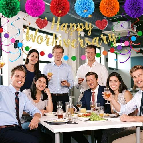 Happy Workiversary Party Decorations Colorful Glittery Work Anniversary Banner Hanging Swirls Paper Pompoms Circle Dots Garland for Men Women Office Employee Worker Appreciation Party Supplies - Image 4