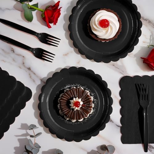 105PCS Black Paper Plates & Napkins Set, 7inch Scallope, with Forks - Image 4