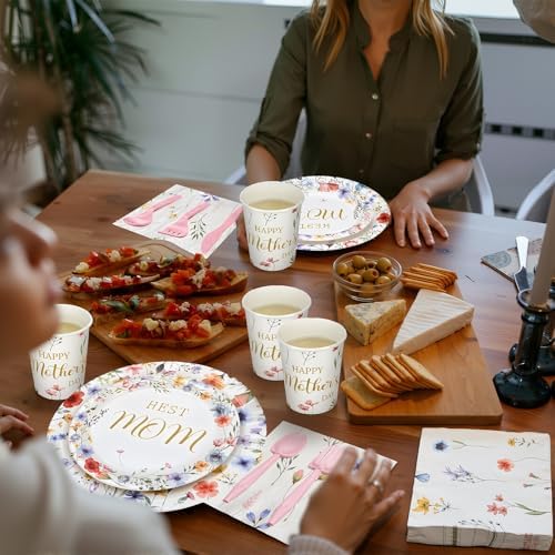 Yungyan 252 Pcs Mother's Day Wildflower Party Tableware Set Happy Mother's Day Floral Paper Plates Napkins Cups Forks Knives Cutlery for Party Decorations Supplies - Image 6