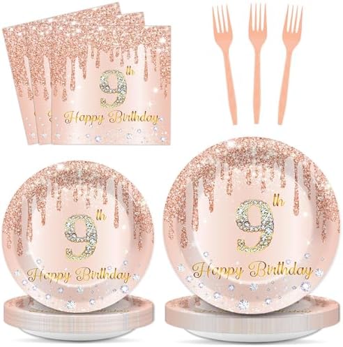 96 Pcs Rose Gold 9th Birthday Party Plates and Napkins for Girls Rose Gold Party Supplies Pink Happy 9 Years Birthday Party Tableware Set for 24 Guests Party Decorations by CHUNNIN