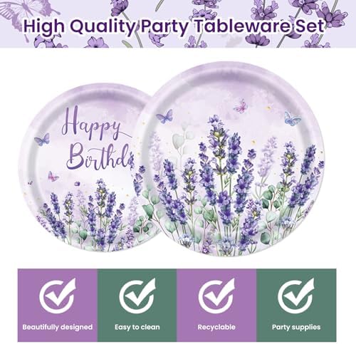 40Pcs Lavender Paper Plates & Napkins-Floral Cake Dessert Tableware - Image 3