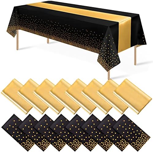 16Pack Disposable Plastic Tablecloths and Satin Table Runner Set Black Gold Dot Table Cloth Gold for Graduation Wedding Birthday Baby Shower Anniversary Holiday Party Decorations by MASHAN