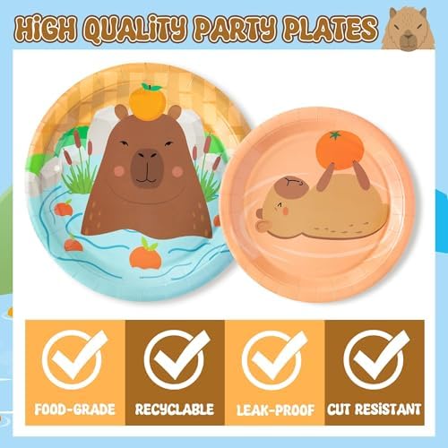 96Pcs Capy Cute Cartoon Animal Orange Party Plates Supplies Tableware Decorations Disposable Paper Plates Napkins Forks for Kids Birthday Baby Shower, Serves 24 - Image 3