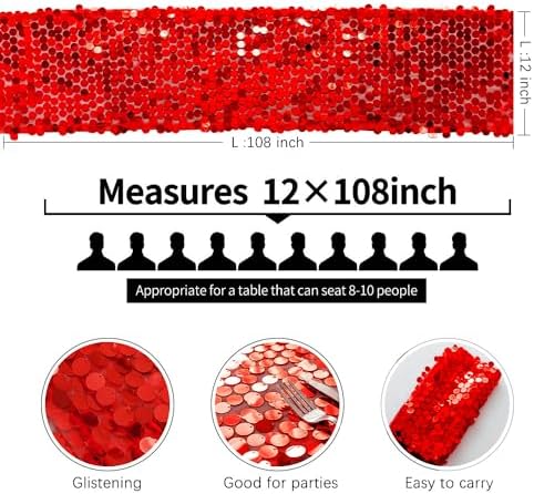 Pufogu 12 "x 108" Sequin Table Runner, Red Glitter Premium Big Sequin Table Runners, Rectangle Table Runner for Halloween, Christmas, Wedding Party, Birthday Party, Banquet Decor (1 Pack). - Image 4