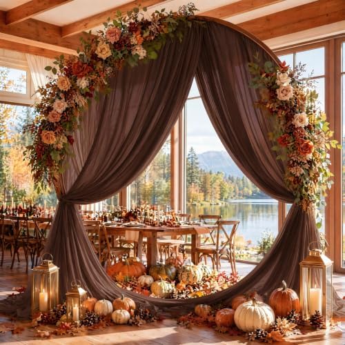 Brown Wedding Arch Draping Fabric Sheer Curtain Drapes 2 Panels | 20ft Extra Long Shimmery Tan Backdrop Curtains Bulk for Wedding Anniversary Party Fall Outdoor Events Drapery Backgrounds - Image 3