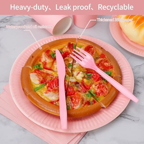 210pcs Pink Plates And Cups Disposable Tableware Party Supplies -Plastic Silverware, Paper Cups And Plates Serves 30 (Pink) - Image 4
