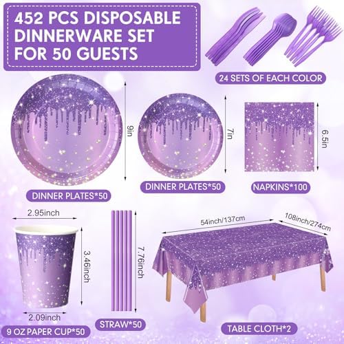 Funnymoom 452 Pcs Purple Glitter Birthday Party Decorations for 50, Purple Silver Paper Plate Napkin Cup Tablecloth Cutlery Straw Disposable Tableware for Women Birthday Wedding Bridal Shower Supplies - Image 2