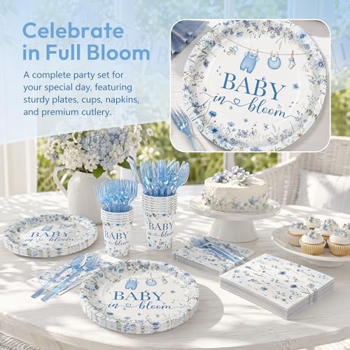 120PCS Boy Baby Shower Party Supplies Baby in Bloom Party Decorations Spring Wild Flower Pregnancy Announcement Tableware Set Dessert Plates Napkins Cups Set for 20 Guests - Image 6