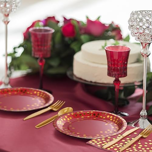 Tegeme 256 Pcs Maroon and Gold Dot Party Supplies Serve 36 Guest Burgundy Red Paper Plates Napkin Tablecloth Disposable Dinnerware Plastic Fork Knives Cup for Birthday Baby Shower Wedding Decoration - Image 3