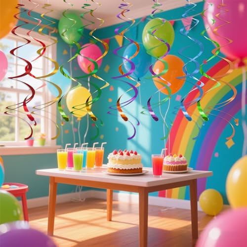 Colorful Ceiling Swirl Foil Decorations Hanging Plastic Streamer Themed Swirl Party Decoration for Wedding Thanksgiving Day Graduation Celebration, Pack of 28 (Rainbow) - Image 2