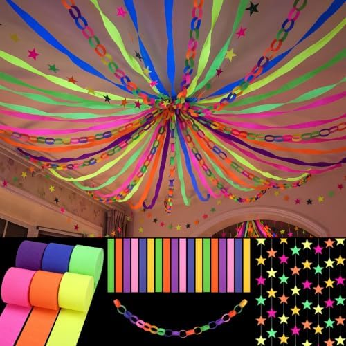 Frienda 300 Sheets Colorful Paper Chains Strips and 492 ft Crepe Paper Streamers, 52.8ft Gold Star Garlands Backdrop for Wedding Birthday Party Decorations DIY Crafts (Neon,Colorful) by Frienda