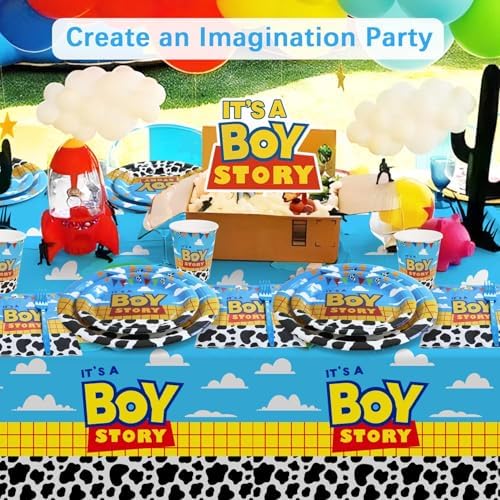 Boy Story Baby Shower Decorations, 25 Guests Includes Cardstock Plates Tableware | Tablecloth | Banner | Balloons | Cake Topper for It’s a Boy Story Baby Shower Themed Party Decorations - Image 7