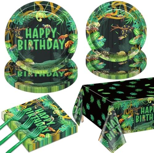 Reptile Birthday Party Supplies for 20 Guests, Disposable Tableware Set Includes Plates, Napkins, Forks, Tablecloth, Jungle Swamp Wilderness Snake Lizard Alligator Turtle Birthday Decorations for Kids by QUERICKY