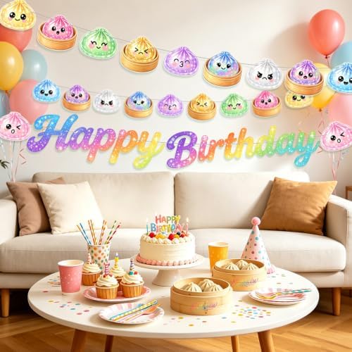 Paper Squishy Birthday Decorations Happy Birthday Banner Dumpling Birthday Party Decorations Dumpling Themed Bun Pattern Banner Birthday Party Dimsum Bun Food Theme Party Decoration - Image 5