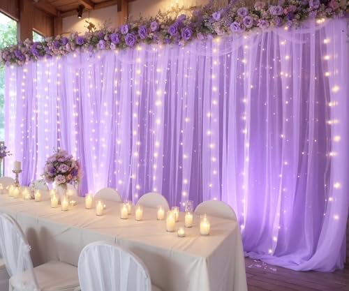 Lavender Tulle Photo Backdrop Curtain with Lights String for Parties Wedding Bridal Shower Sheer Lavender Curtain Backdrop for Birthday Party Baby Shower Photo Booth Photography 20ft x 10ft - Image 4