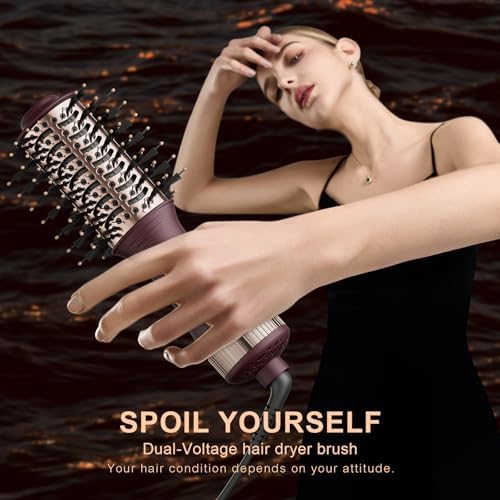 Travel Dual Voltage Hair Dryer Brush 4-in-1 Portable Mini Hot Air Blow Dryer Straightener & Curler Brush, Automático Doble Voltaje Cepillo Secador De Cabello 110~240V US/EU/UK -Blackcurrant Rose Gold - Image 2