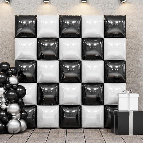 25PCS Black Pearl White Square Foil Balloons Wall Backdrop by FEYG