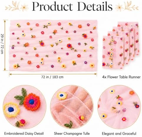 4 Pcs Flower Table Runner 29x72 Inch Pink Daisy Floral Tulle Decor - Image 2