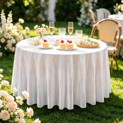 Pufogu 120" Round Iridescent Sequin Tablecloth Glitter White Table Cloths for Birthday Wedding Bridal Baby Shower Party Decorations - Image 5