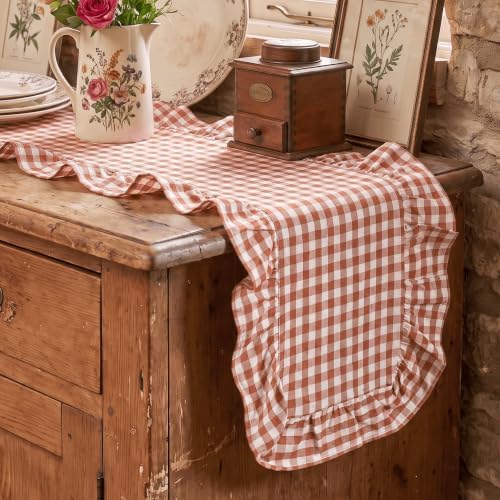 Artoid Mode Caramel Farmhouse Plaid Gingham Ruffle Table Runner, Seasonal Scalloped Fall Kitchen Dining Table Decoration for Home Party Decor 13x120 Inch - Image 3