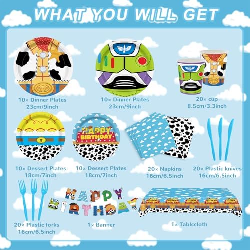 Toy Theme Party Supplies Cartoon Toy Theme Party Decorations Toy Theme Tableware Set Plates Napkins Cups Banners Tablecloths Forks Knives Holds 20 Guests - Image 2
