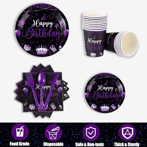 Vesici 171 Pcs Happy Birthday Party Supplies 24 Set Table, Black, Purple - Image 5