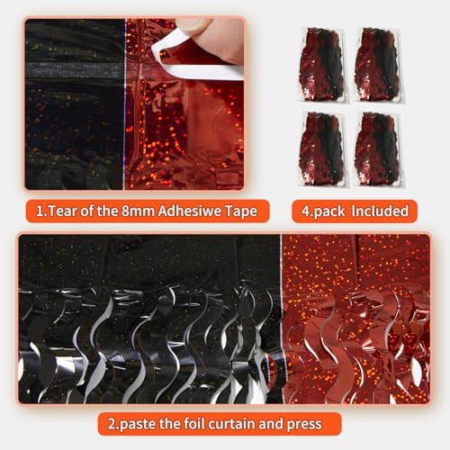 4 Pack Sparkle Red and Black Fringe Curtain - 3.3x6.6 Feet Tinsel Streamer for Birthday Decorations | Halloween Decorations | Casino Theme Party Decorations | Red Carpet - Image 3