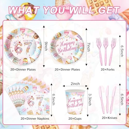 120PCS Ice Cream 7th Birthday Party Supplies, Pastels Sweet Treats I Was 6 Now I'm 7 Tableware Set, Girls Summer Birthday Decoations Disposable Paper Plates Napkins Cups Knives Forks for 20 Guests - Image 2