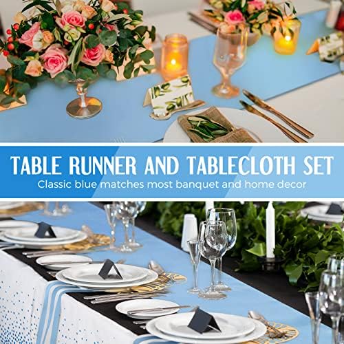 Breling 8 Pack Baby Blue and White Tablecloths and Satin Runners Set - Image 5