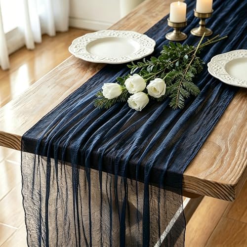 1 Pack Navy Blue Cheesecloth Table Runner 120 Inch Boho Wedding Decor by Fixwal