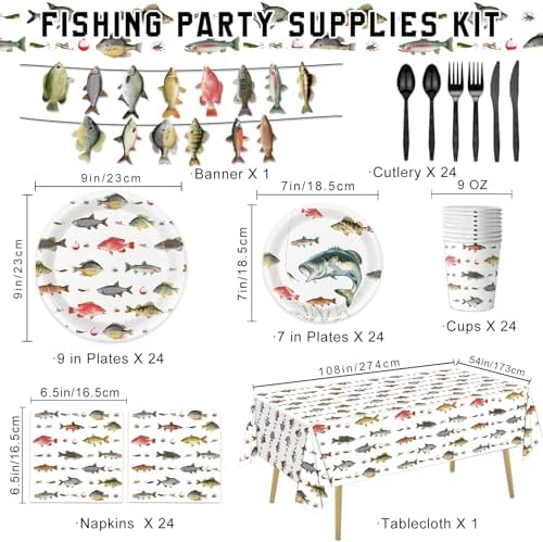 170PCS Fishing Birthday Party Decorations Gone Fishing Party Decorations Include Plates, Cups, Cutlery, Banner, Tablecloth for Ofishally One Birthday Decorations - Image 2